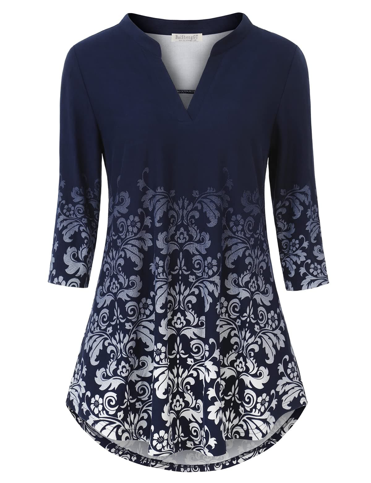 BAISHENGGT 3/4 Sleeve Tops for Women Notch V Neck Work Blouses Dressy Casual Loose Fit Going Out Tunic Shirts Medium Blue Floral