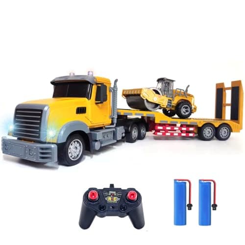 Remote Control Semi Truck Toy For Kids 124 RC Semitrailer Engineering Tractor With Sound And Lights Trailer Truck Toy With Inertia Roller Construction Vehicles For Boys Girls 38 Years Old