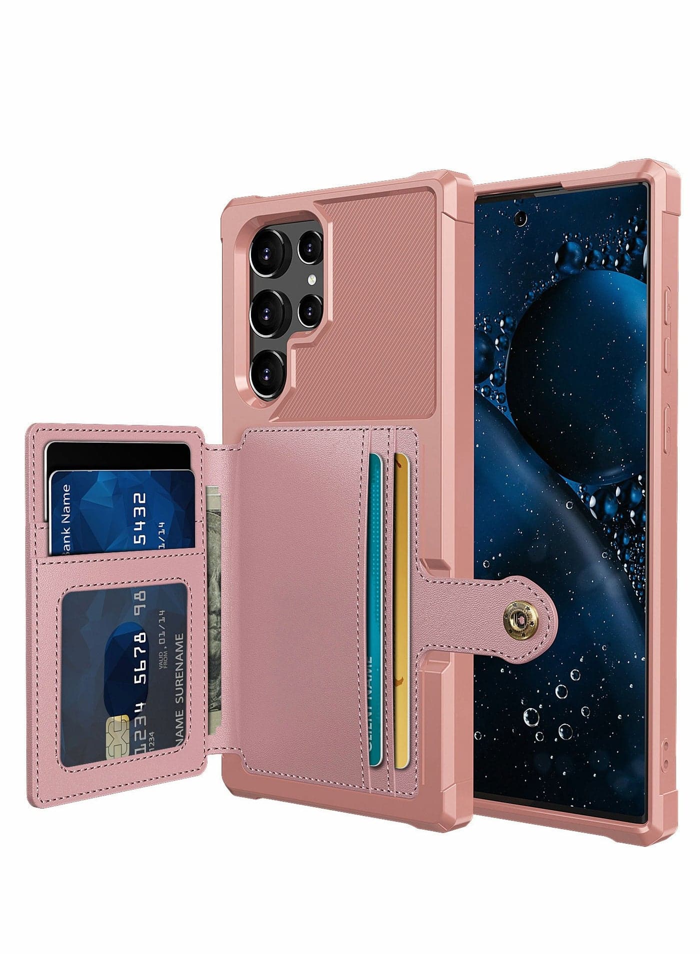 Case for Galaxy S22 Ultra Cover with PU Leather Wallet Credit Card Holder Slot Anti Fall Shock Resistant Double Layers Protection Pink