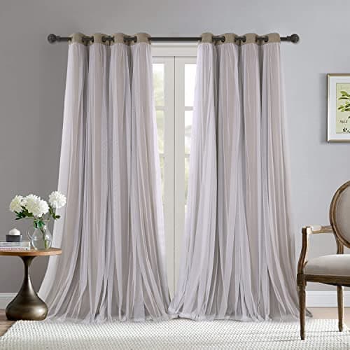 BONZER Dual Layers Grommet Top Mix and Match Blackout Curtains with White Sheer Voile for Living Room, Vintage Linen, 52x95 Inch, Set of 2 Panels