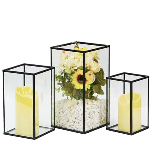 Hurricane Candle Holder 3 PCS, Black Glass Candle Holder Square Hurricane Candle Centerpieces for Tables Decorative, Wedding, Party