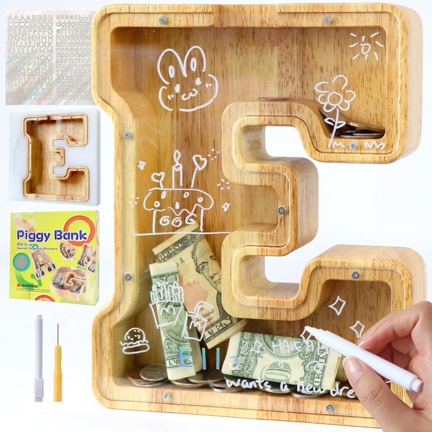 weallbuy Large Letter Piggy Bank for Kids Boys Girls Wooden Personalized Piggy Banks AZ with Target Area Clear Alphabet Banknote Coin Banks for Gift Decoration Baptism E