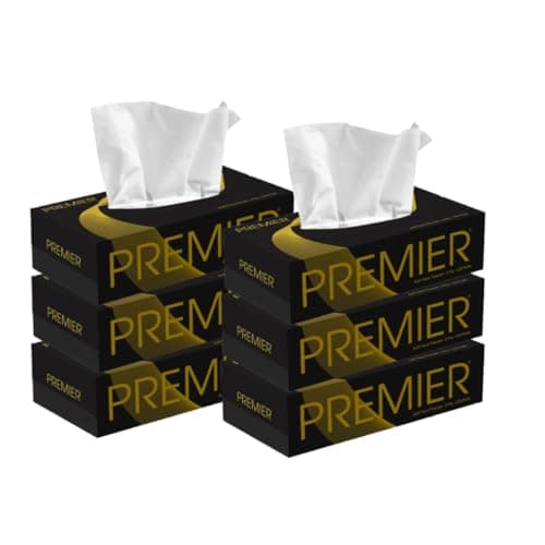Premier 2-Ply Box Face Tissue Papers – 100 Pulls per Box (Pack of 6, 600 Pulls, 1200 Sheets) –Ultra Soft, Gentle & Highly Absorbent Facial Tissues for Home, Office, Car & Travel | Black-Gold