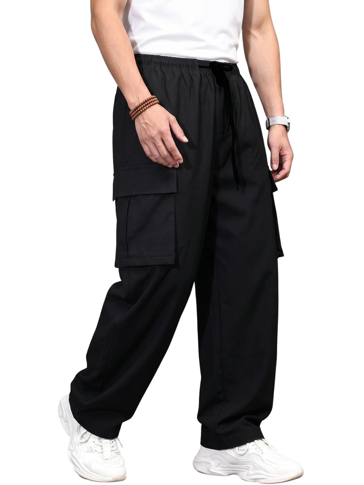 GRECIILOOKS Men's Regular Fit Low Rise Polyester Cargos | Cargo Track Pant | Loose Fit | Regular Trouser Black