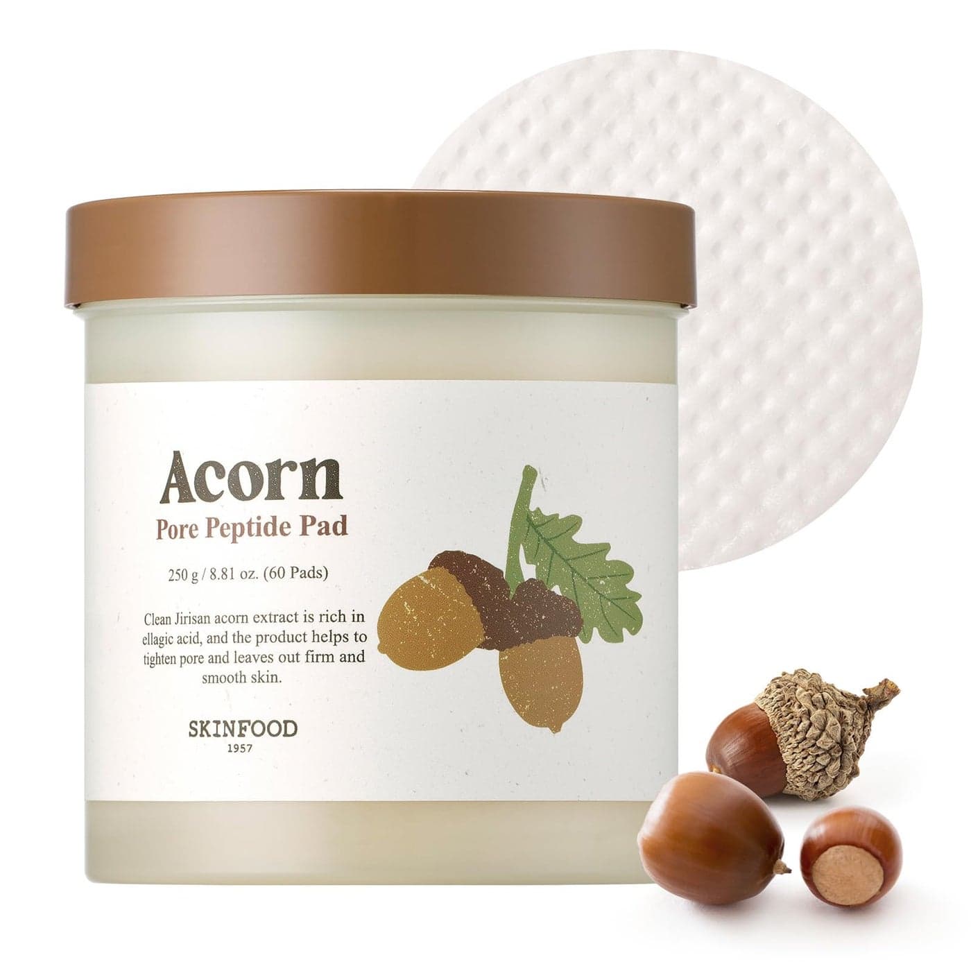 SKINFOOD Acorn Pore Peptide Toner Pad Korean Skincare Facial Toner Pore Tightening Elasticity Skin Texture Improvement Firming Up Sagging Skin 881 oz 60 Pads