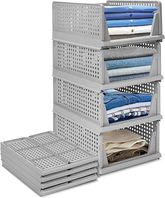 JEYANG Foldable Plastic Wardrobe Organizer Stackable Storage Solution for Clothes Ideal for Bathroom Kitchen and Bedroom Use Pack of 5 Grey