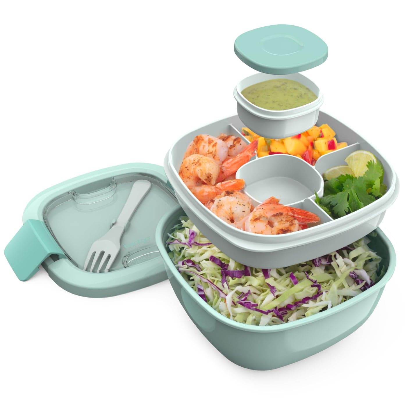 Bentgo Salad Container - 54 oz Bowl with 4-Compartment Toppings Tray, Leak-Proof Dressing Container, Reusable Fork, BPA-Free Lunch Box for Meal Prep & Food Storage; Removable Bento Tray (Coastal Aqua)