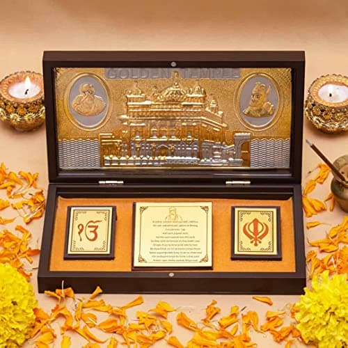 INTERNATIONAL GIFT® Gold Plated Golden Temple God Idol with Charan Paduka | Devotional Prayer Box (13H X 21W X 11.5L Centimeters)