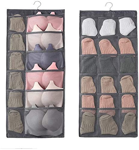 ZOMOZA Double Sided 30 Pockets Clear Hanging Bag Socks Bra Underwear Rack Hanger Storage Organizer Wall Hanging Closet Shelves Storage Pockets-Grey (Fabric)
