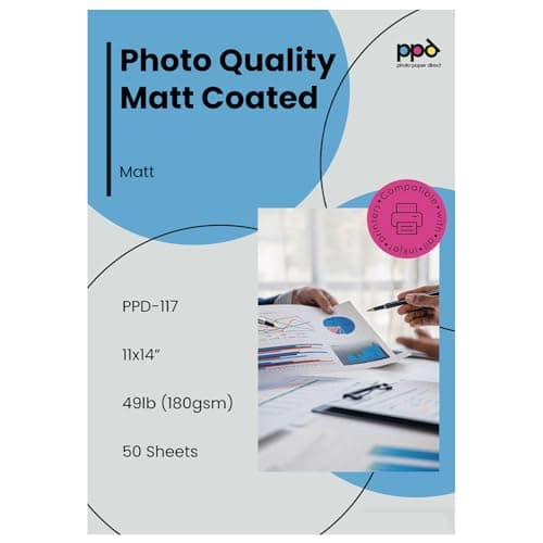 PPD 50 Sheets Inkjet Matte Photo Paper 11x14 49lbs 180gsm 9.5mil High Resolution Instant Dry Heavyweight (PPD-117-50)