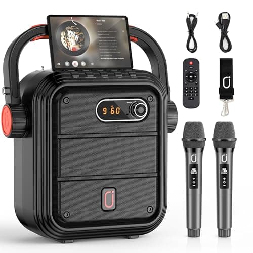 JYX Karaoke Machine with 2 Wireless Microphones, Portable Bluetooth Speaker PA System with Shoulder Strap, Subwoofer Support TWS, USB, Radio, AUX, REC, Bass&Treble for Home Party/Meeting/Adults/Kids