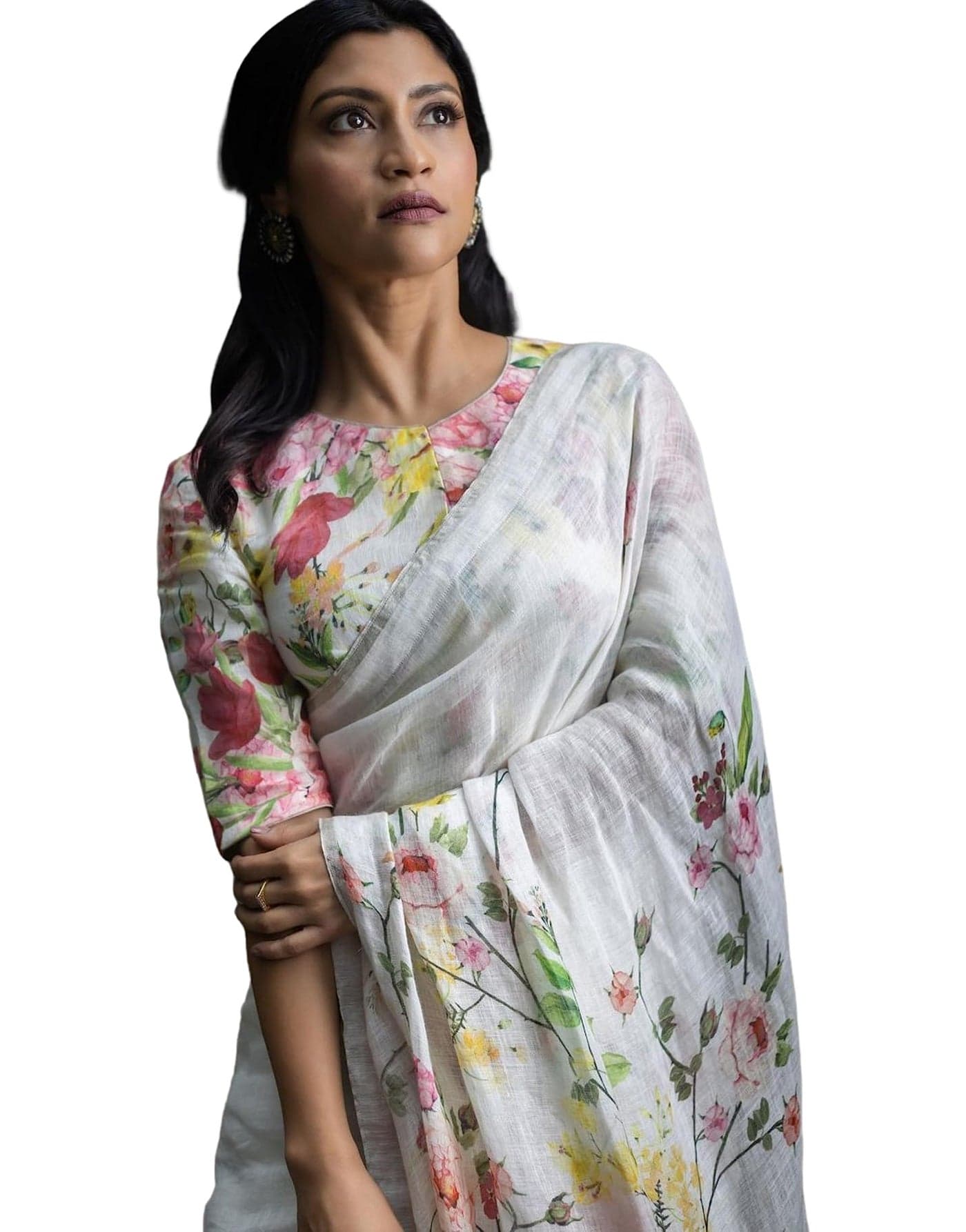 C J Enterprise Women’s Pure Soft Cotton Saree Linen Silk Sarees For Latest Party Design Wear Wedding Sadi With Blouse Piece Sari South Mulmul ikkat Mul Print 2025 New (Lilen Cotton White)