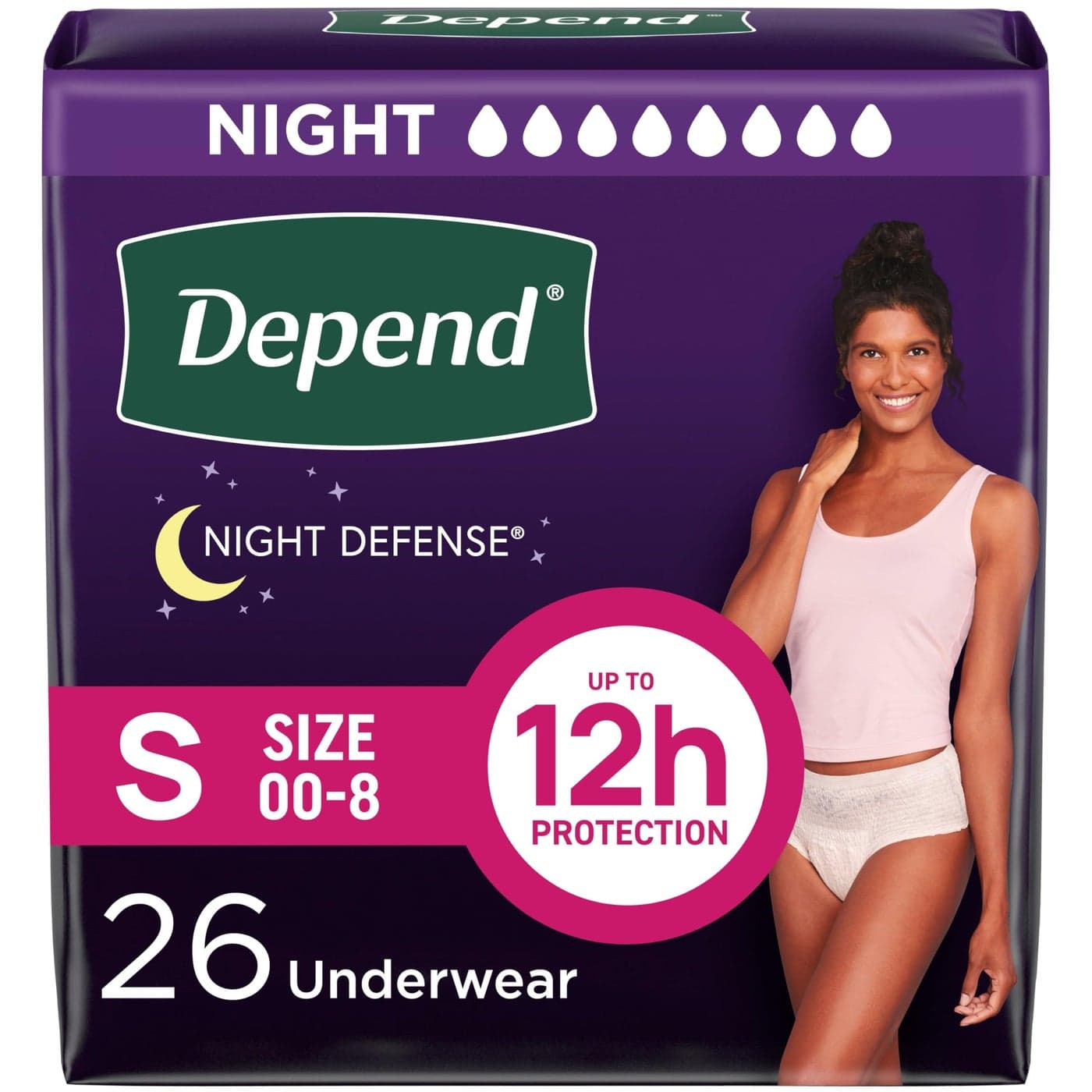 Depend Night Defense Adult Incontinence Postpartum Bladder Leak Underwear for Women Disposable Overnight Small Blush 26 Count Packaging May Vary