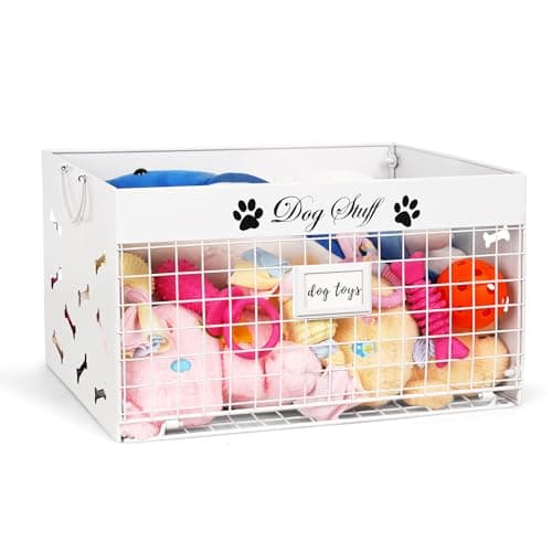 Bfttlity Dog Toy Basket Large Dog Toy Box with Handles and Label Position Design for Living Room Metal Dog Toy Bin Storage for Dogs Chew Pets Toys Blankets Clothes Food White