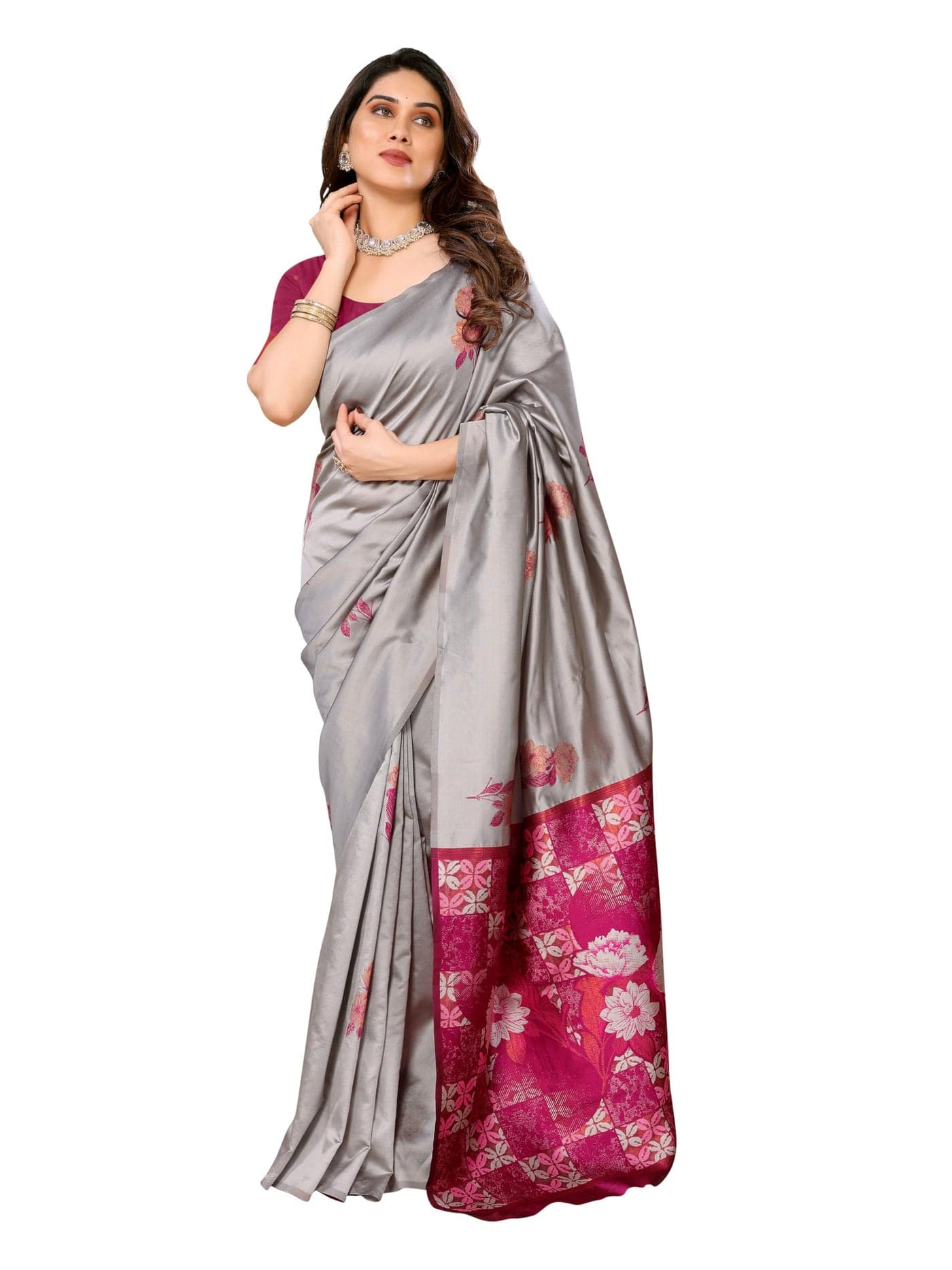 StyleScope Women's Kanjivaram Banarasi Soft Silk Saree With Unstitched Blouse Piece (Silk Double Rose Grey_Grey_Free Size)