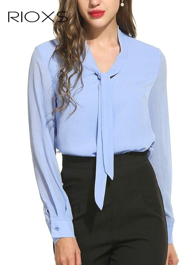 Women's Blue Chiffon Blouse, Elegant Bow Tie Neck Long Sleeve Shirt, Dressy Work Top for Office and Casual Wear, Lightweight Sheer Formal Blouse, Breathable Dressy Shirt for Women