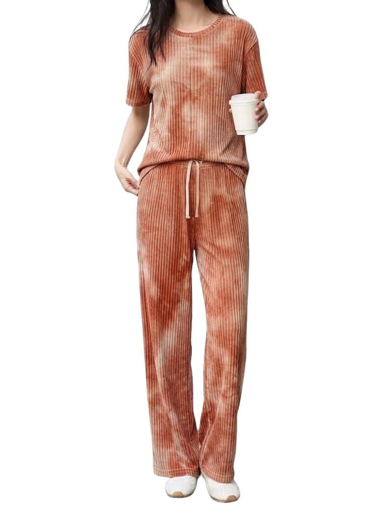 SMOWKLY Women’s Tie-Dye Pajama Set | Relaxed Fit Short Sleeve Top & Long Pants Sleepwear | Soft & Comfy Lounge Wear Set with Pockets winter wear for women | Trendy Korean Co-ord Set (1682_ORNG_M)