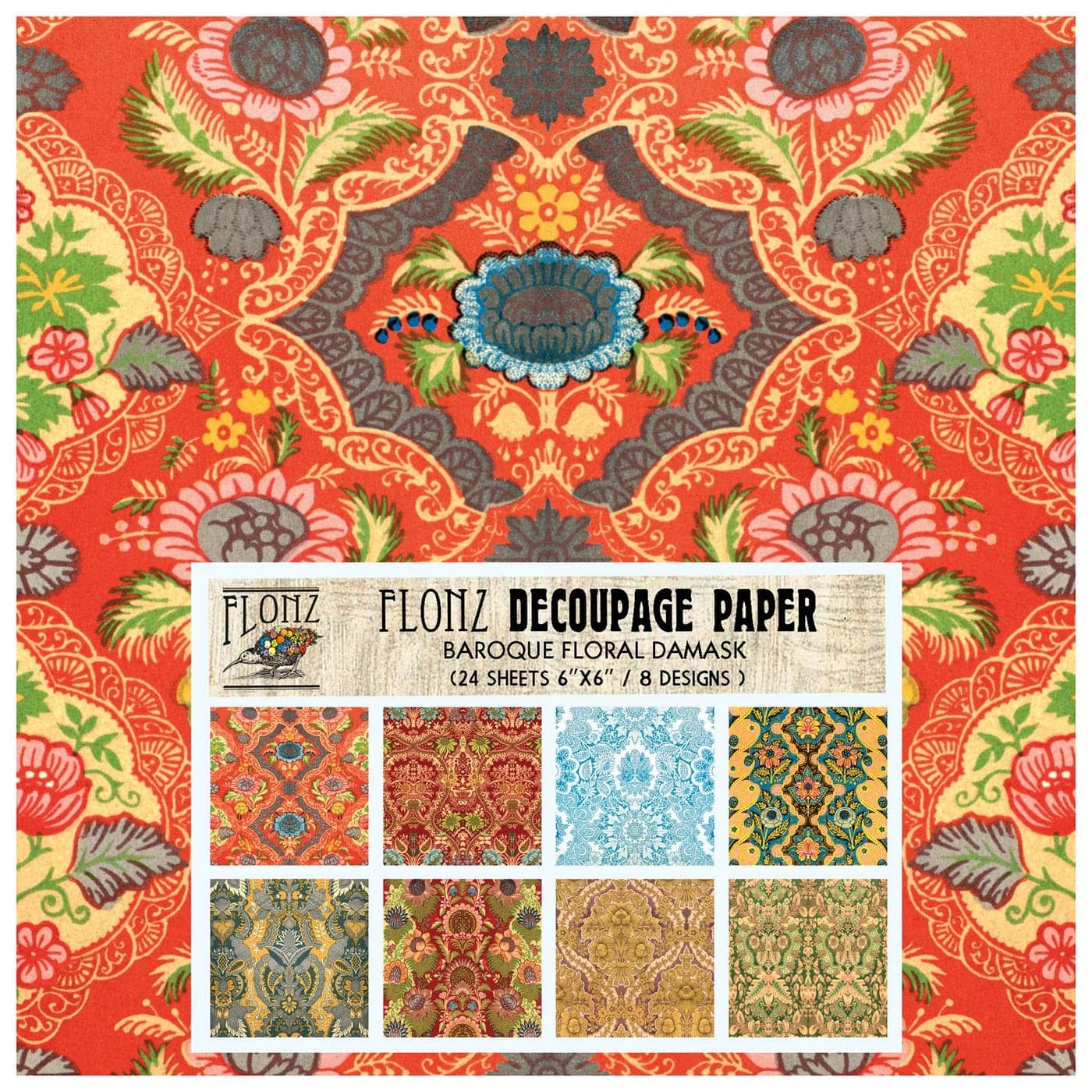 Decoupage Paper Pack 24 Sheets 6x6 Baroque Floral Damask FLONZ Vintage Styled Paper for Decoupage Craft and Scrapbooking