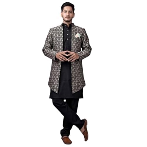 XEPON Stylish Ethnic Wear Stand Collar Full Sleeve Kurta Pajama with Long Jacket Set(Black XXL, Size)