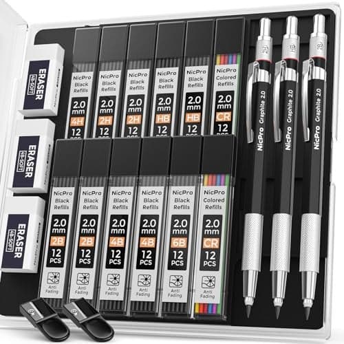 Nicpro 2mm Metal Mechanical Pencil Set with Case 3PCS Lead Pencil Holder 20 mm with 144PCS Lead Refills 4H 2H HB 2B 4B 6B Color Eraser Sharpener for Drafting Writing Drawing Sketching