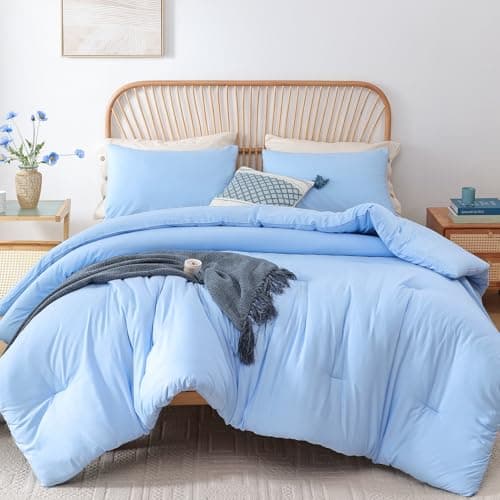 ROSGONIA Queen Comforter Set Light Blue 3pcs Bedding Comforter Sets 1 Comforter 2 Pillowcases All Season Soft Lightweight Bedspread Blanket Quilt