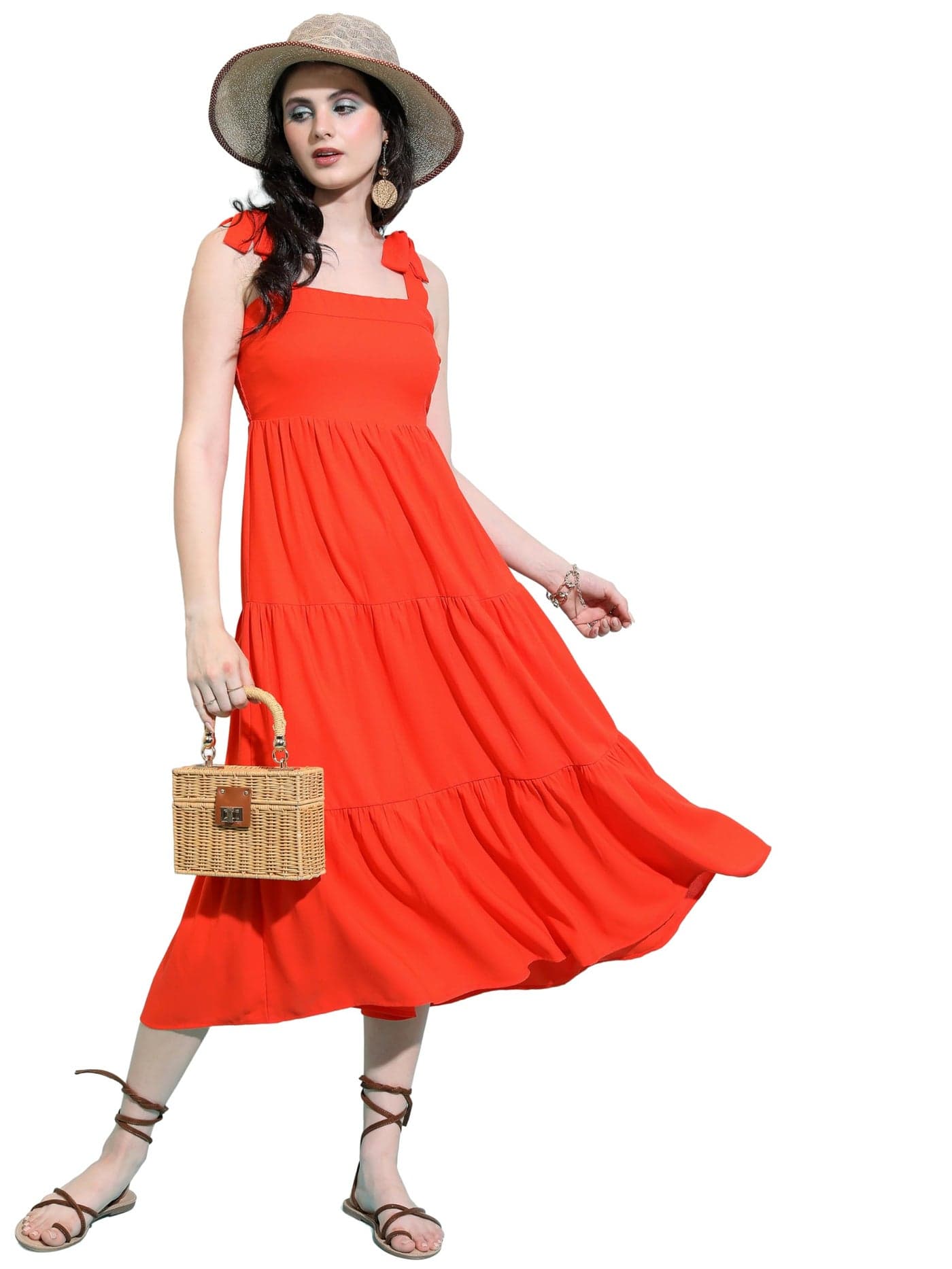 Tokyo Talkies Red Shoulder Strap Gathered Tiered Fit & Flare Midi Dress