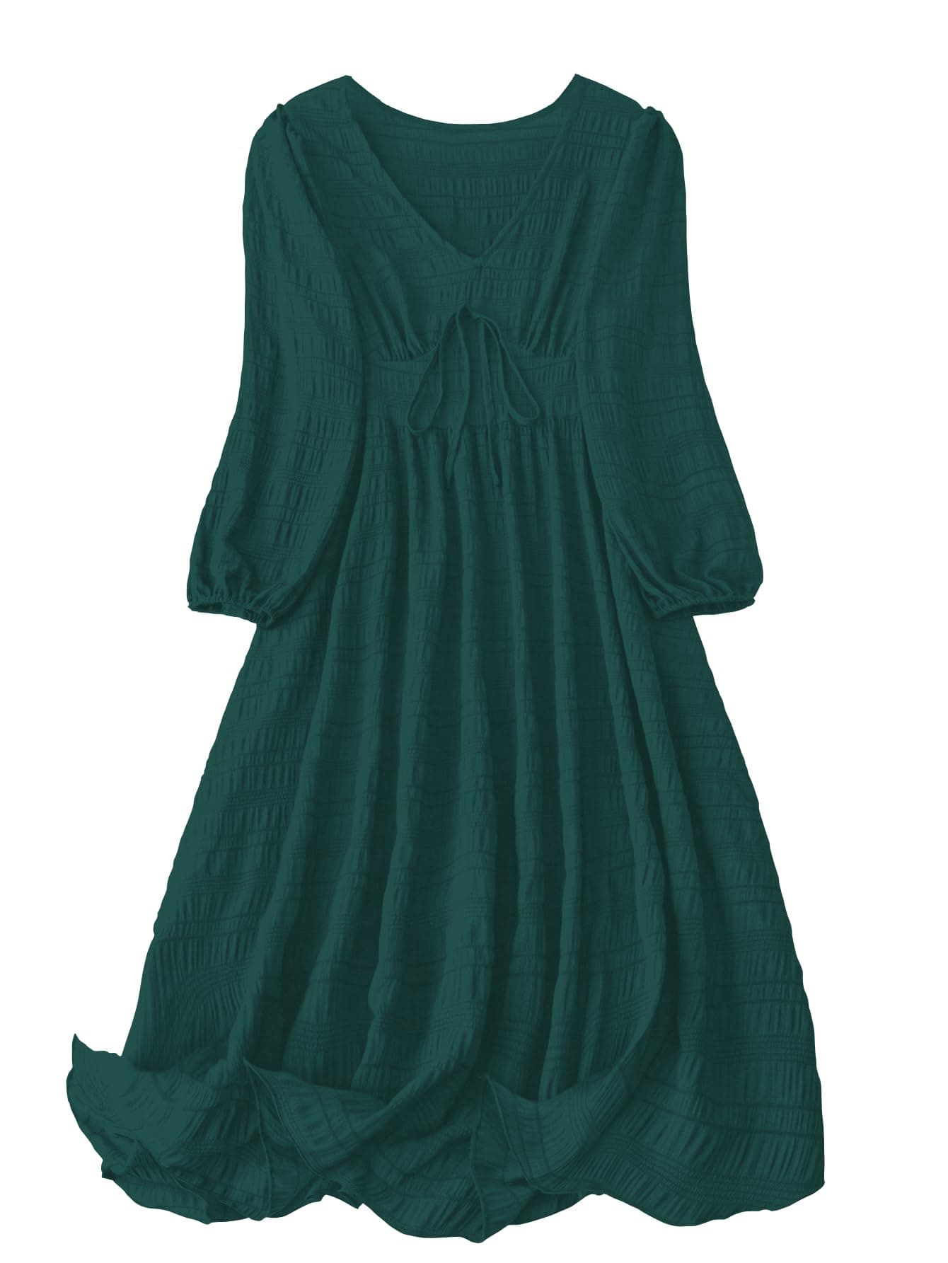 Shasmi Women's & Girl's Teal Dress for Women Midi, One Piece Dress for Women's Casual Dress, Solid Textured Lantern Sleeve Tie Front V Neck Midi Dress (Dress 123 Teal Blue-M)
