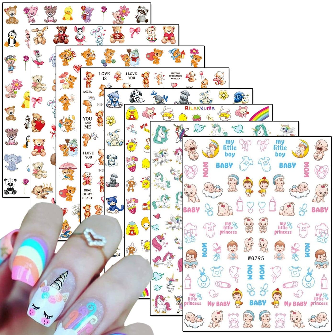 Cartoon Nail Art Stickers Cute Animal 3D SelfAdhesive Decals Design Unicorn Bear Dog Cat Flowers Chicken Rabbit Heart Baby Nail Decoration for Women Girls Manicure Charms Acrylic Supplies8 Sheets