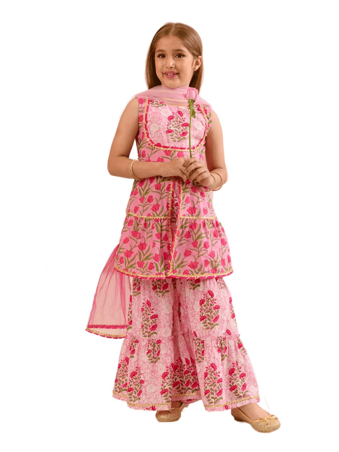Pspeaches Girls Cotton Sleeveless Round Neck Floral Print Kurti And Sharara With Dupatta 3 Piece Set|Ethnic Wear For Kids Girls|Traditional & Festive Outfit 2-3 Year Pink