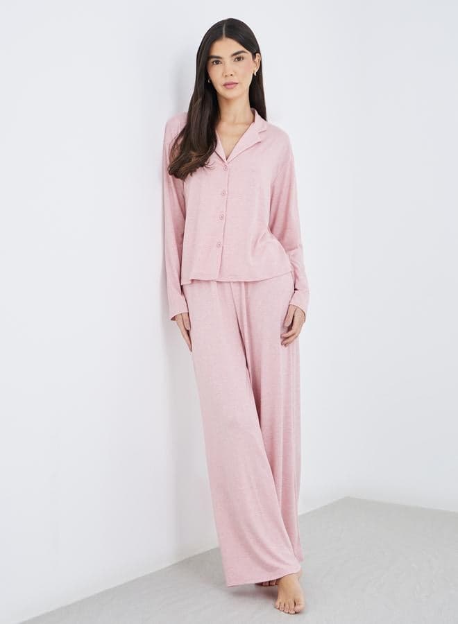 Women Pink Melange Shirt and Wide Leg Pyjama Set