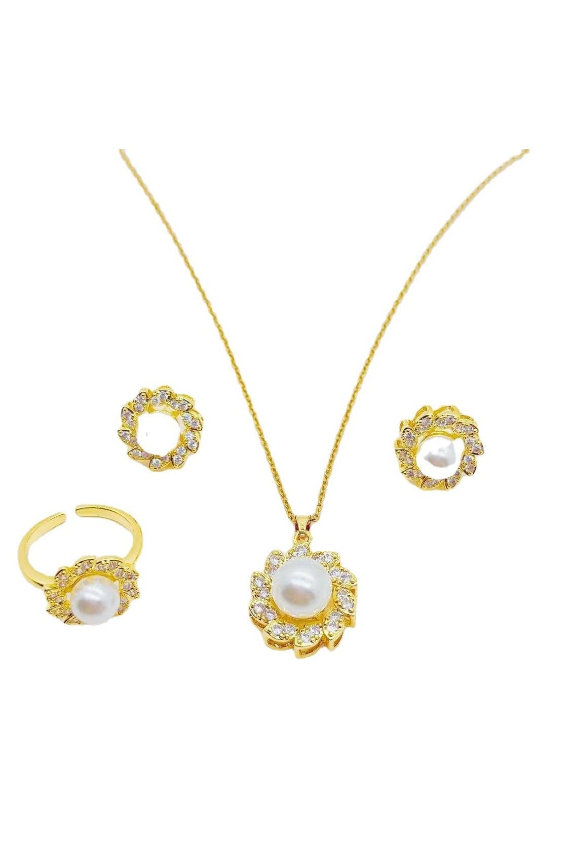Elegant Pearl Flower Jewelry Set - Gold Plated Necklace, Earrings Ring Trio for Fashion Women, Trendy Blossom Collarbone Chain, Vintage-inspired Floral Accessories