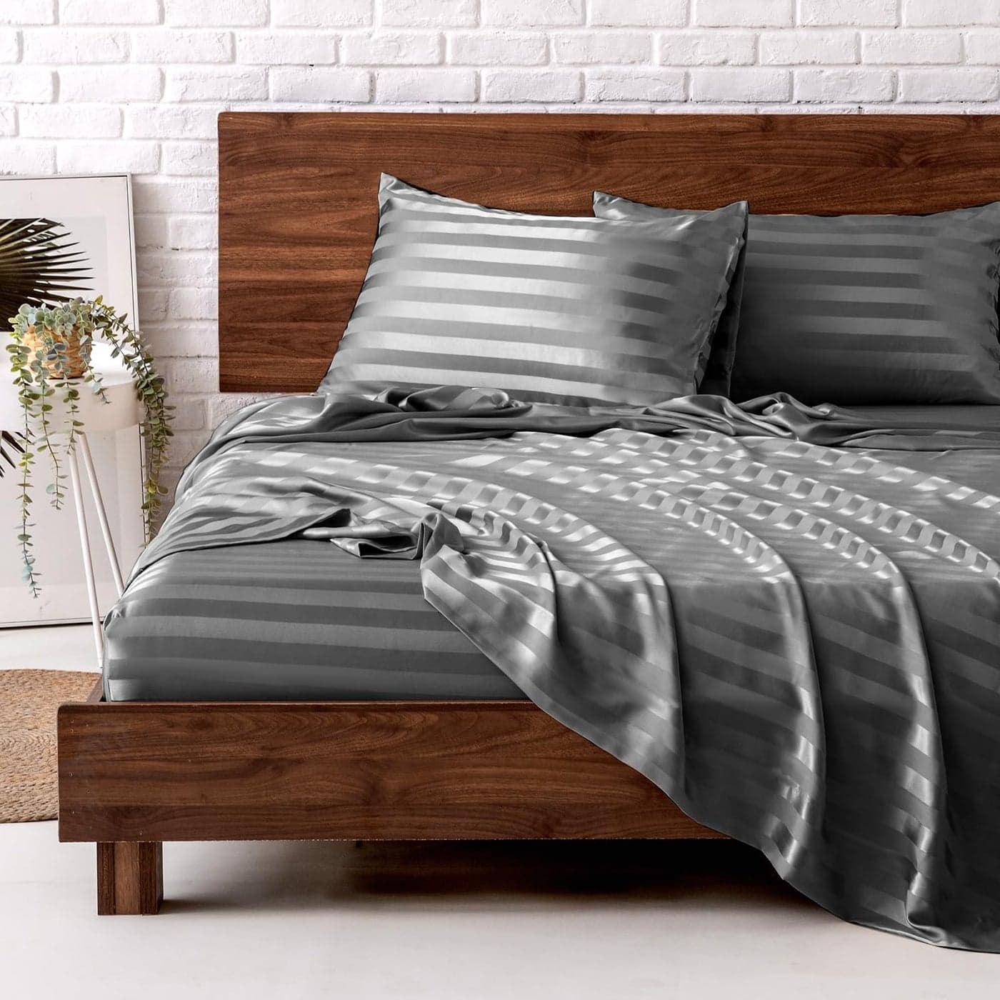 MRHM Satin Bed Sheets King Size Sheets Set 4 Pcs Silky Bedding Set with 15 Inches Deep Pocket for MattressKing Dark Grey Striped