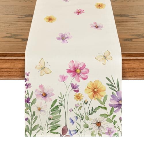 Artoid Mode Flowers Butterfly Spring Table Runner, Seasonal Summer Kitchen Dining Table Decoration for Home Party Decor 13x72 Inch