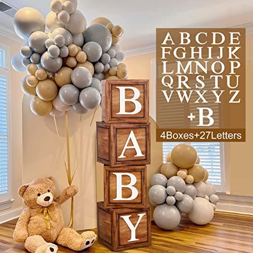 Brown Baby Balloon Boxes with 27 Letters 4 Pcs Wooden Grain Baby Shower Blocks and AZB Letters Woodland and Teddy Bear Decoration for Baby Shower Gender Reveal 1st Birthday Party Backdrop