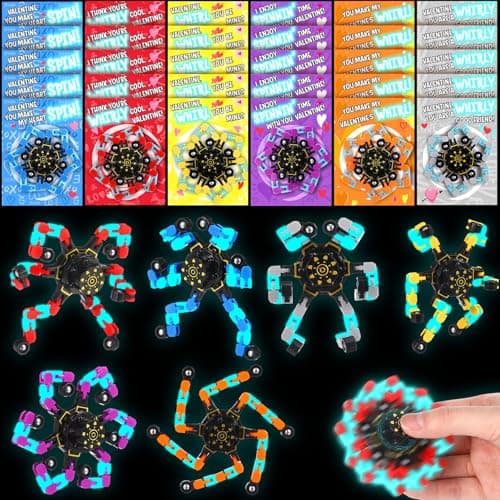 ShinyRelief 24 Pack Valentines Day Cards with Fidget Spinners Glow in The Dark Class Valentines Day Gifts for Kids Party Favors Set Deformable Robot Fidget Toy Exchange Goody Bag Stuffers Game Prize