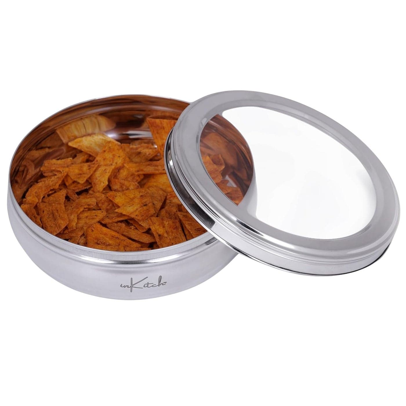 inKitch Stainless Steel Belly Shape Flat Canisters Puri Dabba Storage Containers Multipurpose ContainerOrganizer with See Through Lid 16cm Dia 11 Ltr