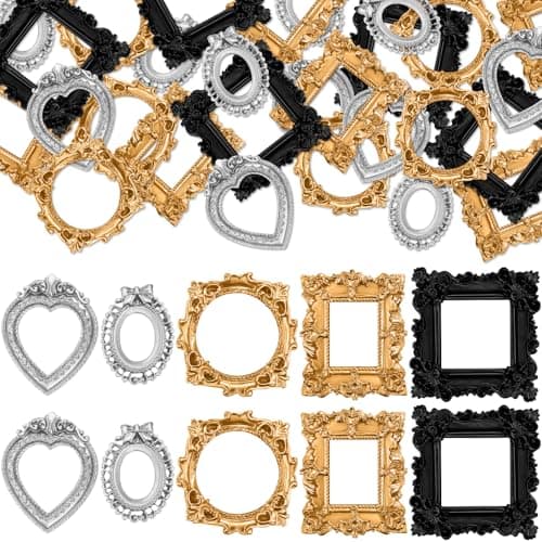 Vicenpal 40 Pcs Vintage Mini Picture Frames Baroque Antique Small Resin Jewelry Display Table Frame for Christmas DIY Photo Holiday Party Decoration (Black,Gold,Silver)