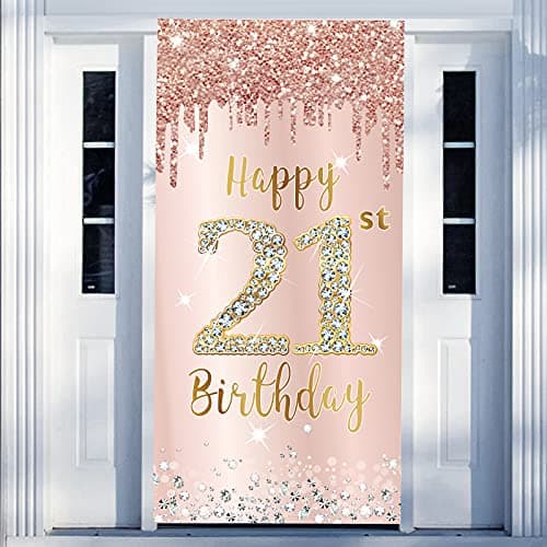 Happy 21st Birthday Door Banner Backdrop Decorations for Women Pink Rose Gold 21 Birthday Party Door Cover Sign Supplies 21 Year Old Bday Poster Background Photo Booth Props Decor