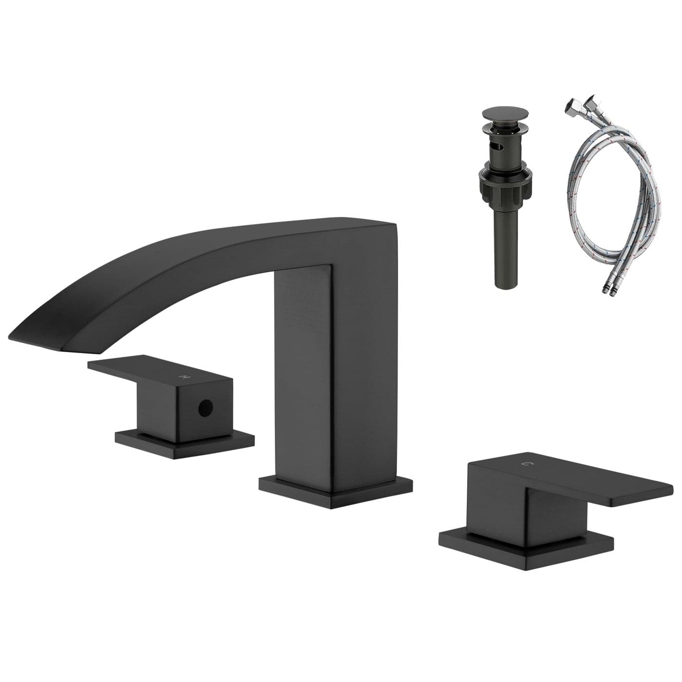 FELIXBATH Waterfall Bathroom Sink Faucet 3 Holes Two Handles Bathroom Faucet with Pop Up Drain and 2 Water Supply Lines 8 inch Widespread Bathroom Sink Faucet Matte Black