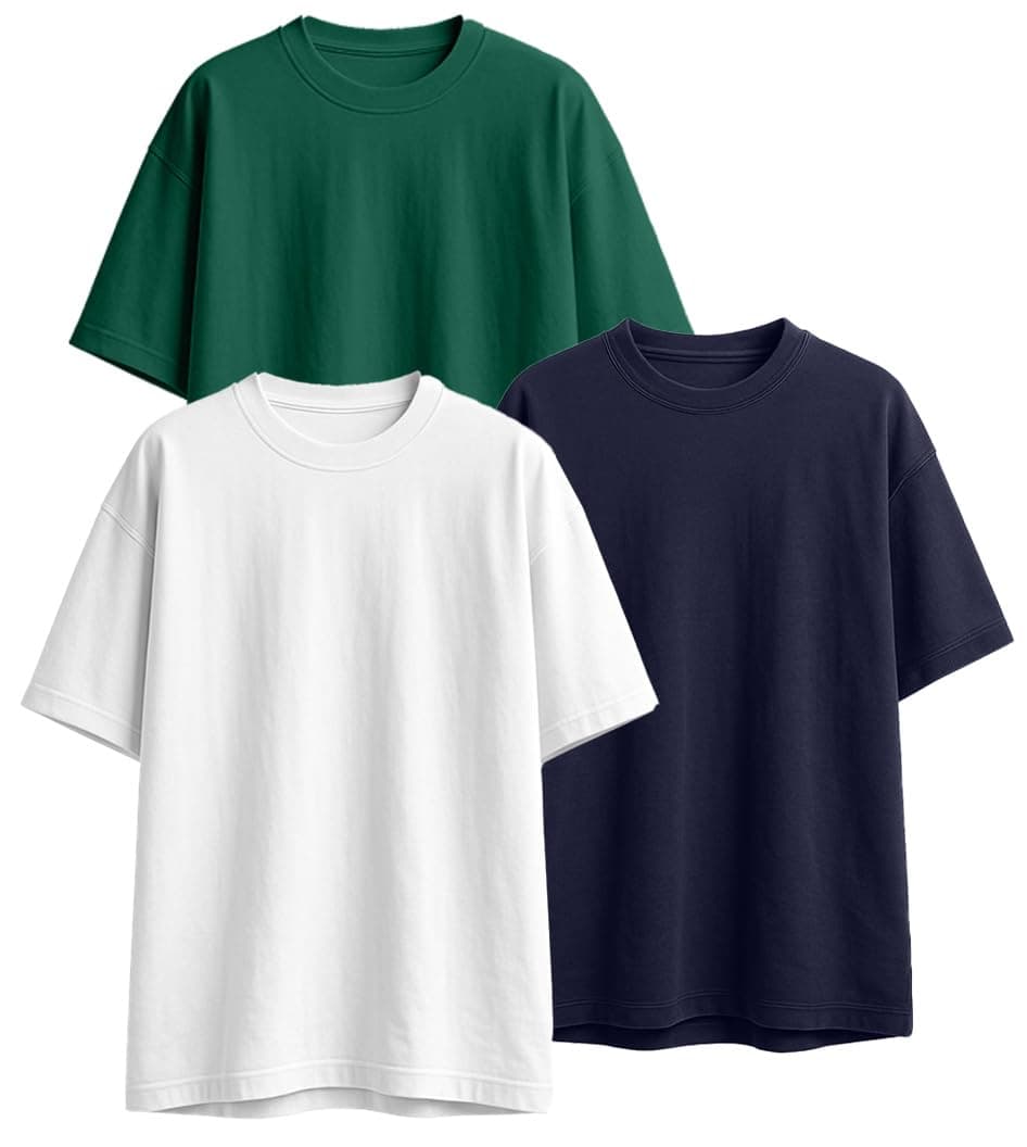 Veirdo® 100% Pure Cotton Drop Shoulder Oversized Baggy Fit Half Sleeve Plain Solid Round Neck Multicolor T-Shirt Combo for Men (PO3_OS_GR_WT_NY_L)