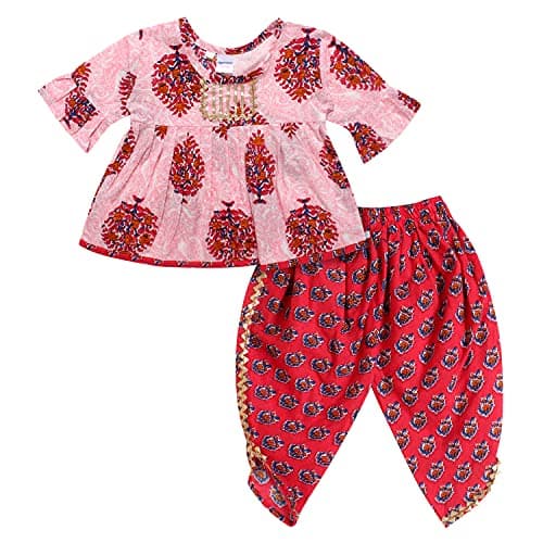 Superminis Baby Girls Jaipuri Print Frock Style Kurti With Frill Sleeves And Dhoti Style Salwar With Elastic Closure Ethnic Dress (Magenta, 12-18 Months) Cotton
