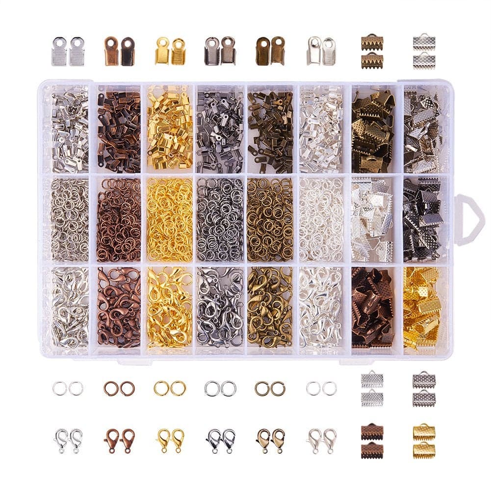 PH PandaHall About 2580Pcs Jewelry Finding Kits of Fold Over Iron Cord Ends Ribbon End Jump Rings and Lobster Claw Clasps in 6 Colors Mixed Sizes
