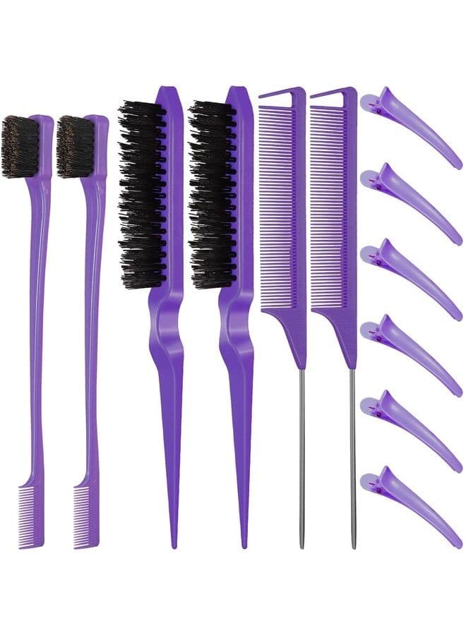 12 Pieces Hair Brush Set, Nylon Teasing Hair Brushes 3 Row Salon Teasing Brush, Double Sided Hair Edge Brush Smooth Comb Grooming, Rat Tail Combs with Duckbill Clips for Women Girls (Purple)