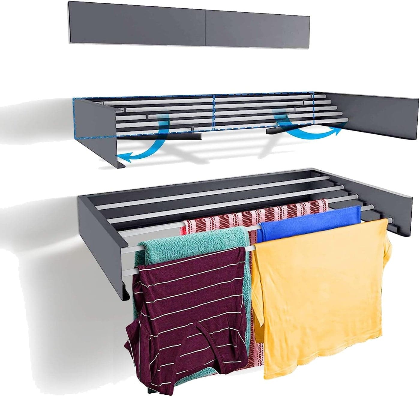 Rainbow Drywell Fold & Hide Metal Rust Free Clothes Drying Rack - Wall Mounting | Folding Collapsible Space Saver Cloth Drying Stand for Drying Color - Black (80 cms x 5 Pipes)