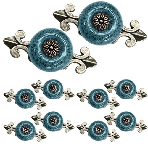 Suiwotin 10pcs Ceramic Blue Dresser Knobs with Pattern, Vintage Cabinet Knobs with Antique Bronze Back Plate, Decorative Drawer Pull Handles for Closet, Cupboard