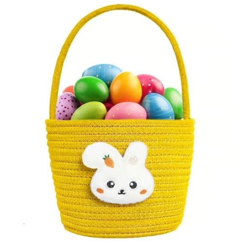 Poschnor Easter Basket for Kids Easter Bunny Basket with Gift Bags and Ribbons Woven Cotton Rope Egg Easter Baskets for Girls Boys Toddler Babies Yellow