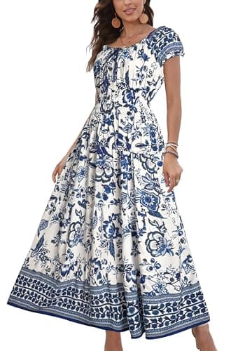 OSTOO Women's 2025 Summer Short Sleeves Boho Floral Print Tiered Casual Flowy Long Maxi Dress(Blue,L)