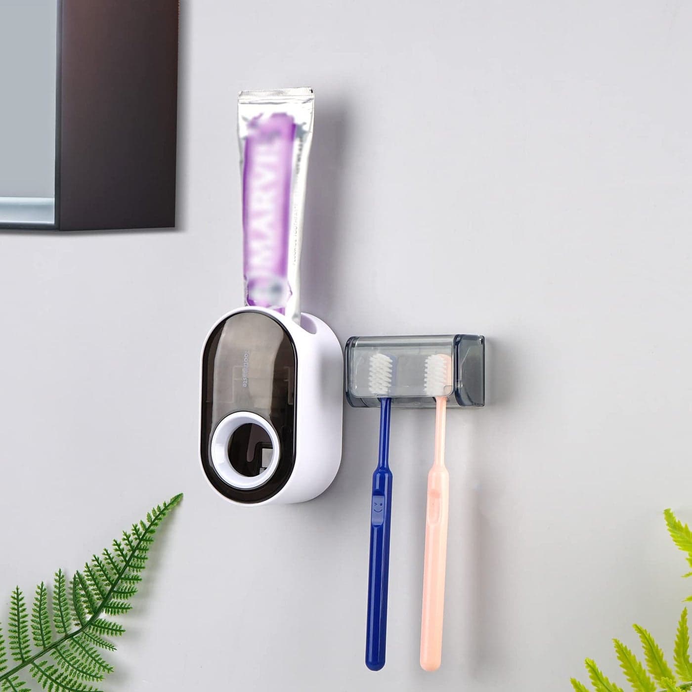 Toothbrush Holder Wall Mounted with Cover for Bathroom 2 Slots Toothbrush Storage Organizer for Shower Self Adhesive Toothbrush Hanger with Automatic Toothpaste Squeezer Dispenser Grey