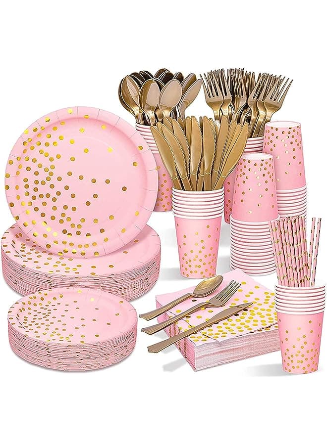 200Pcs Birthday Party Supplies Golden Dots Party Dinnerware Disposable Party Plates Napkins and Cups Sets Serves 25 Guests for Wedding Birthday Party (Pink)