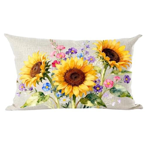 Ramirar Ink Painting Watercolor Yellow Sunflowers Flowers Summer Decorative Lumbar Throw Pillow Cover Case Home Living Room Bed Sofa Car Cotton Linen Rectangular 12 x 20 Inches